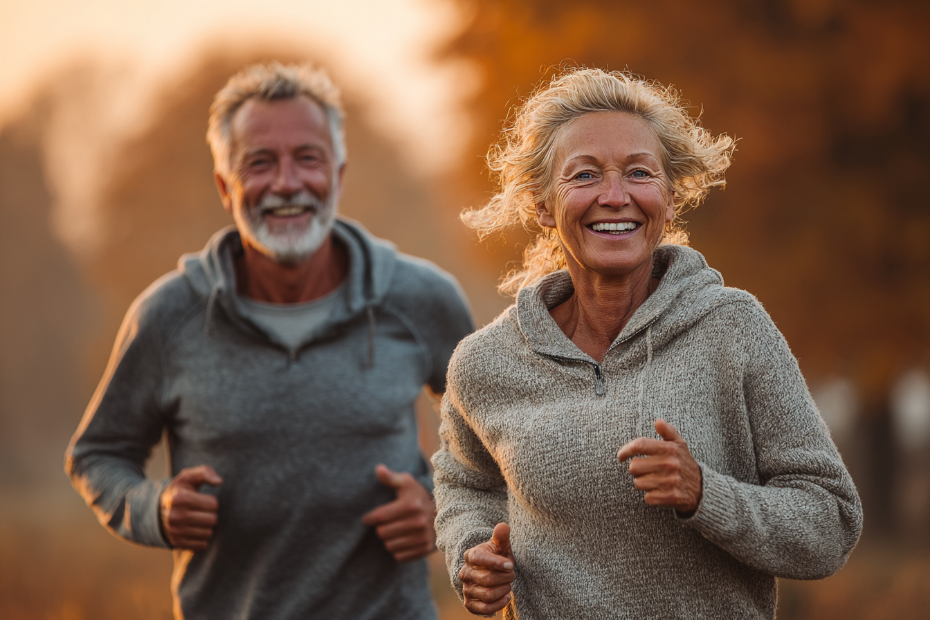 Активна пара середнього віку займається йогою на природі